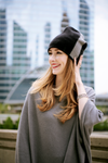 Reversible Slouchy Black & White Striped Cashmere Hat with White Pom-Pom
