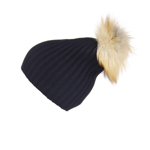 Ribbed Black Cashmere Hat with Lilac Pom-Pom