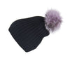 Fold-Over Grey Cashmere Hat with Fancy Lilac Pom-Pom