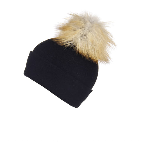 Reversible Slouchy Black Cashmere Hat with Gold Heart and Black Pom-Pom