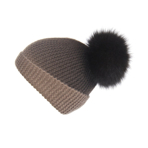 Pearl Stitched Grey Cashmere Hat with Pine Mist Pom-Pom