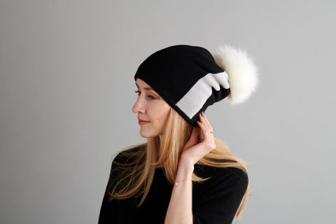 Reversible Slouchy Black & White Striped Cashmere Hat