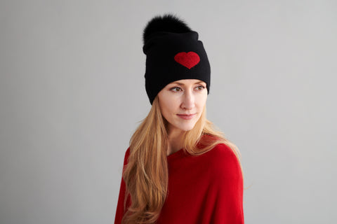 Reversible Slouchy Black Cashmere Hat with White Heart and Black Pom-Pom