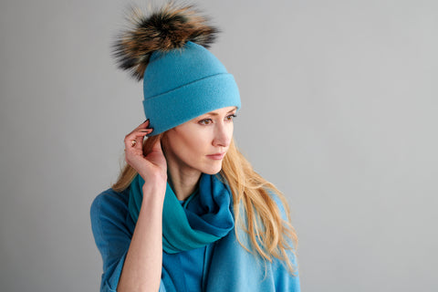 Reversible Slouchy Caramel Cashmere Hat with Blue Heart and Electric Blue Pom-Pom