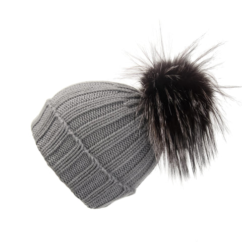 Reversible Slouchy Black Cashmere Hat with Gold Heart and Light Caramel Pom-Pom