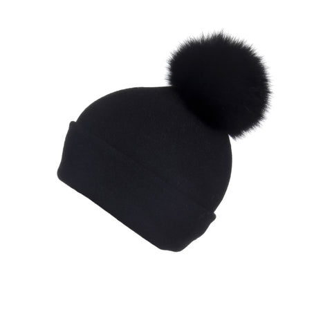 Fold-Over Ivory Cashmere Hat with Light Caramel Pom-Pom