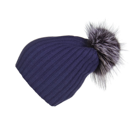Fold-Over Ivory Cashmere Hat with Lilac Pom-Pom