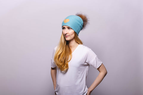 Reversible Slouchy Light Grey Cashmere Hat with white Heart and White Pom-Pom