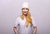 Fold-Over Ivory Cashmere Hat with Crystal Pom-Pom