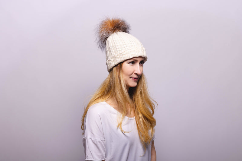 Fold-Over Ivory Cashmere Hat with Crystal Pom-Pom