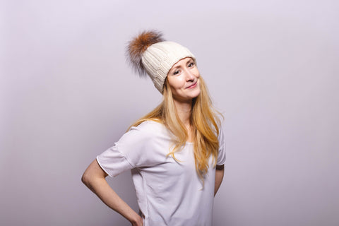 Fold-Over Grey Cashmere Hat with Electric Blue Pom-Pom