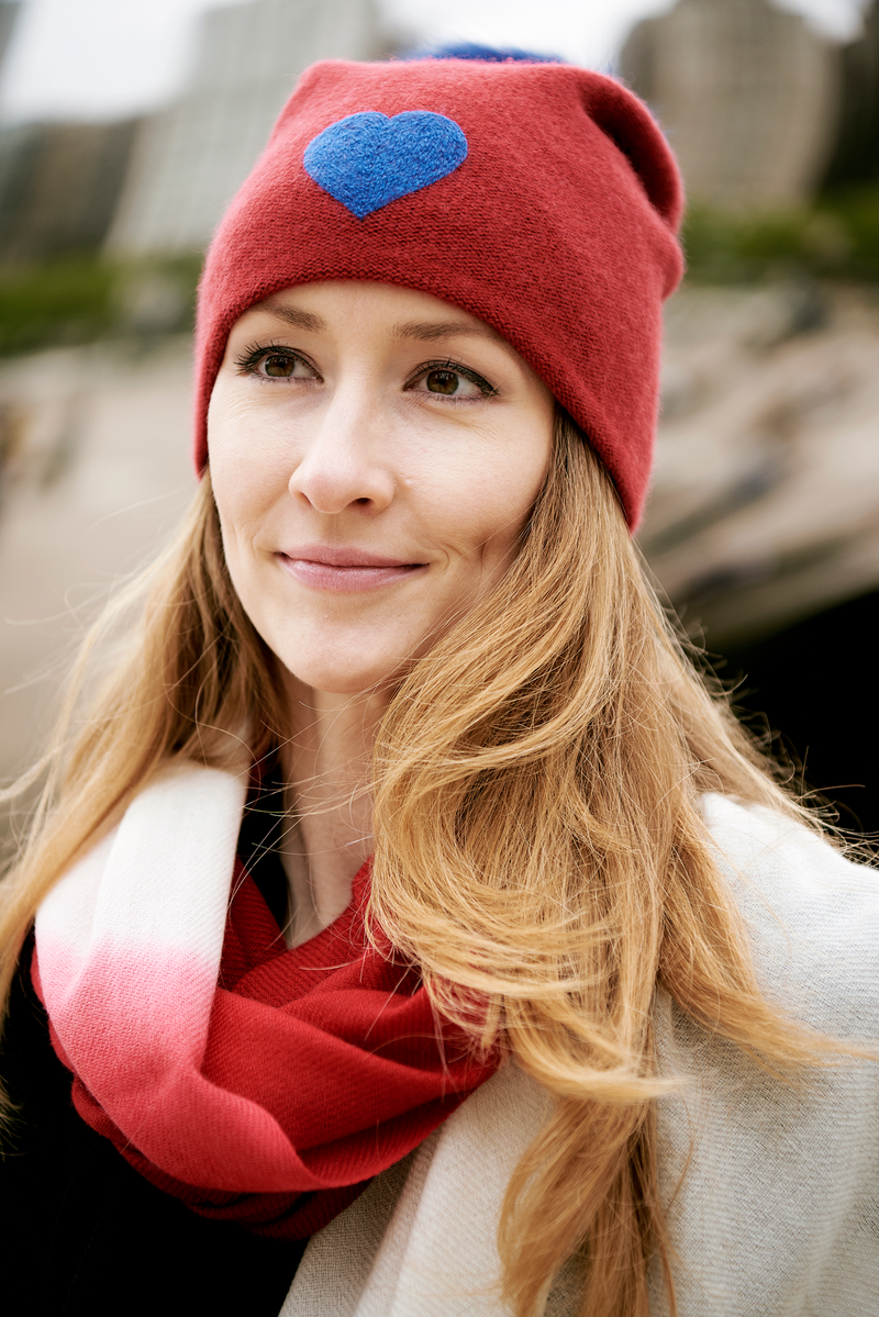 Reversible Slouchy Red Cashmere Hat with Blue Heart