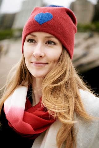 Reversible Slouchy Caramel Cashmere Hat with Blue Heart