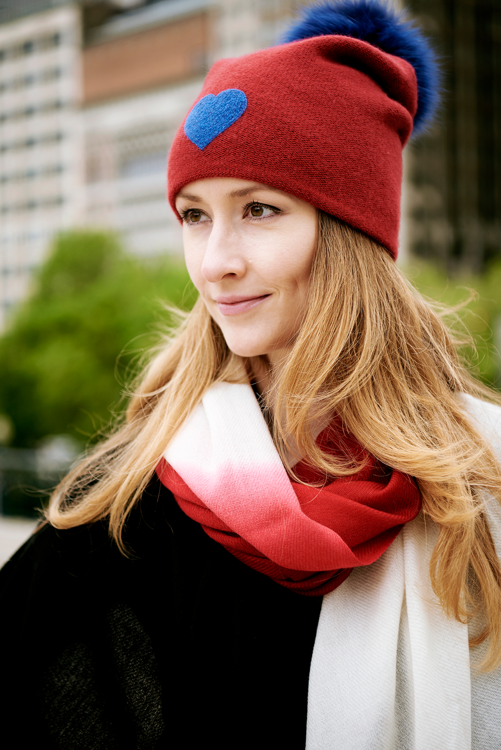 Reversible Slouchy Red Cashmere Hat with Blue Heart and Electric Blue Pom-Pom, Hat - Loveknitz