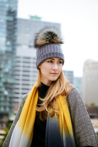 Fold-Over Ivory Cashmere Hat with Light Caramel Pom-Pom