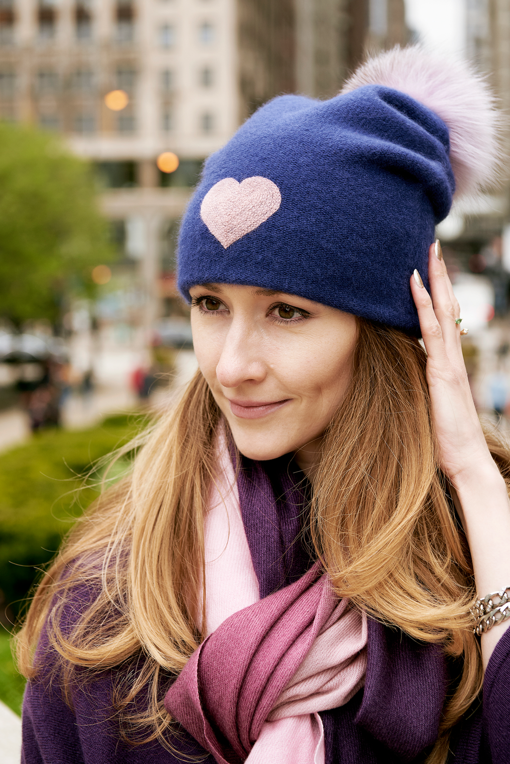 Reversible Slouchy Blue Cashmere Hat with Lilac Heart and Lilac Pom-Pom, Hat - Loveknitz