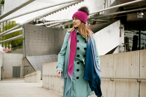 Ribbed Grey Cashmere Hat with Electric Blue Pom-Pom