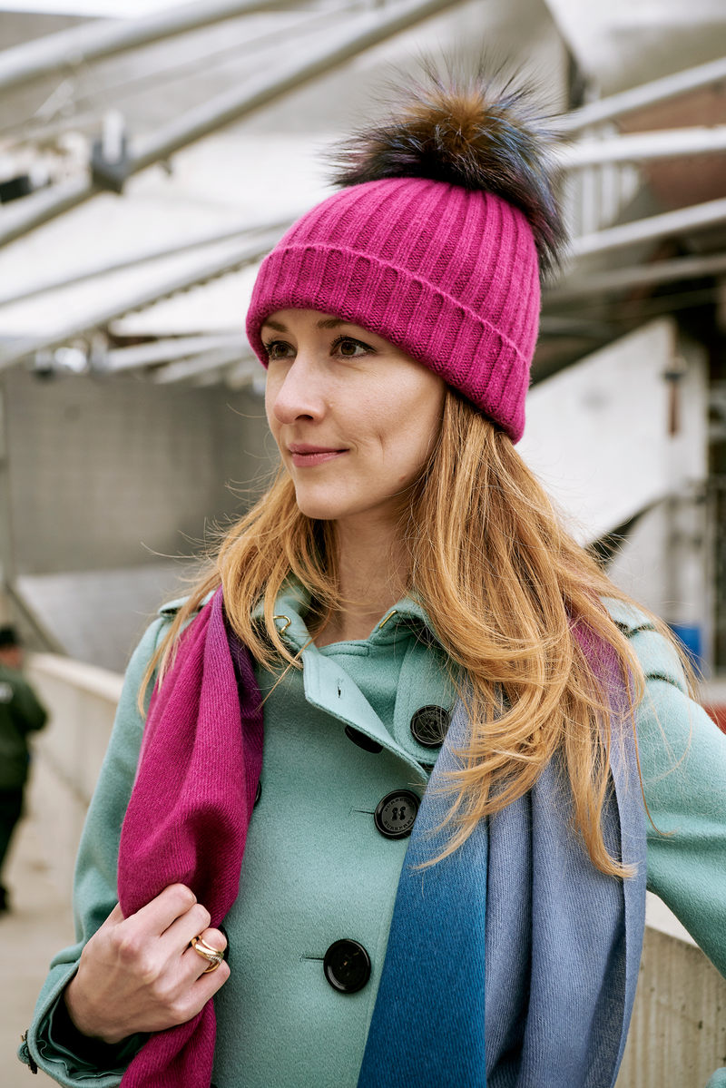 Ribbed Fuchsia Cashmere Hat with Multi Colored Pom-Pom, Hat - Loveknitz