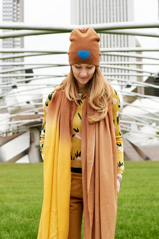 Reversible Slouchy Grey & Caramel Striped Cashmere Hat