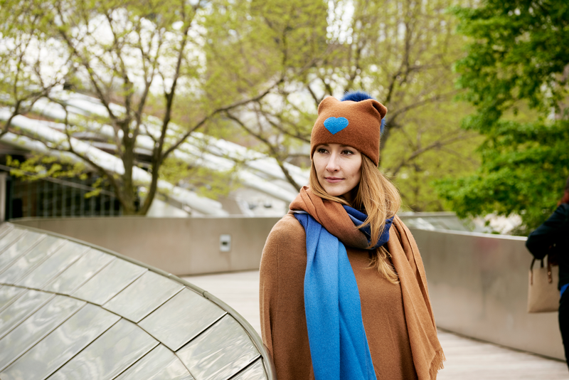 Reversible Slouchy Caramel Cashmere Hat with Blue Heart and Electric Blue Pom-Pom, Hat - Loveknitz