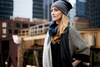 Reversible Slouchy Black and Red Striped Cashmere Hat with Black Pom-Pom
