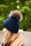 Ribbed Navy Cashmere Hat with Pine Mist Pom-Pom, Hat - Loveknitz