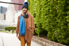 Ribbed Grey Cashmere Hat with Electric Blue Pom-Pom