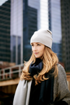 Reversible Slouchy Light Grey Cashmere Hat with White Heart and Pine Mist Pom-Pom, Hat - Loveknitz