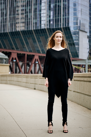 Black with Red Stripe Cashmere Poncho