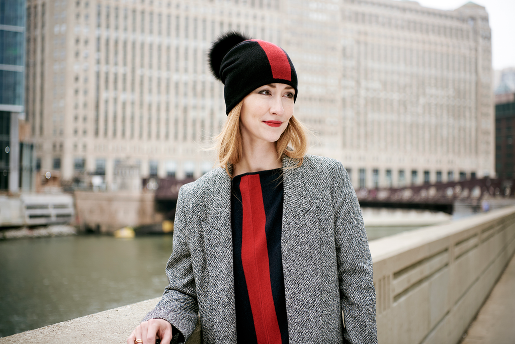 Reversible Slouchy Black and Red Striped Cashmere Hat with Black Pom-Pom, Hat - Loveknitz