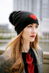Reversible Slouchy Black Cashmere Hat with Red Heart and Black Pom-Pom, Hat - Loveknitz