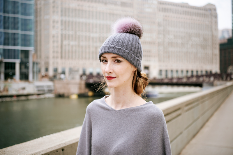 Ribbed Grey Cashmere Hat with Lilac Pom-Pom, Hat with Pom - Loveknitz