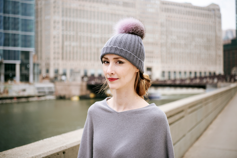 Ribbed Purple Cashmere Hat with Fancy Lilac Pom-Pom