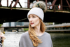 Pearl Stitched Grey Cashmere Hat with Pine Mist Pom-Pom