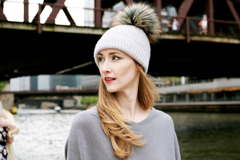 Fold-Over Grey Cashmere Hat with Pine Mist Pom-Pom