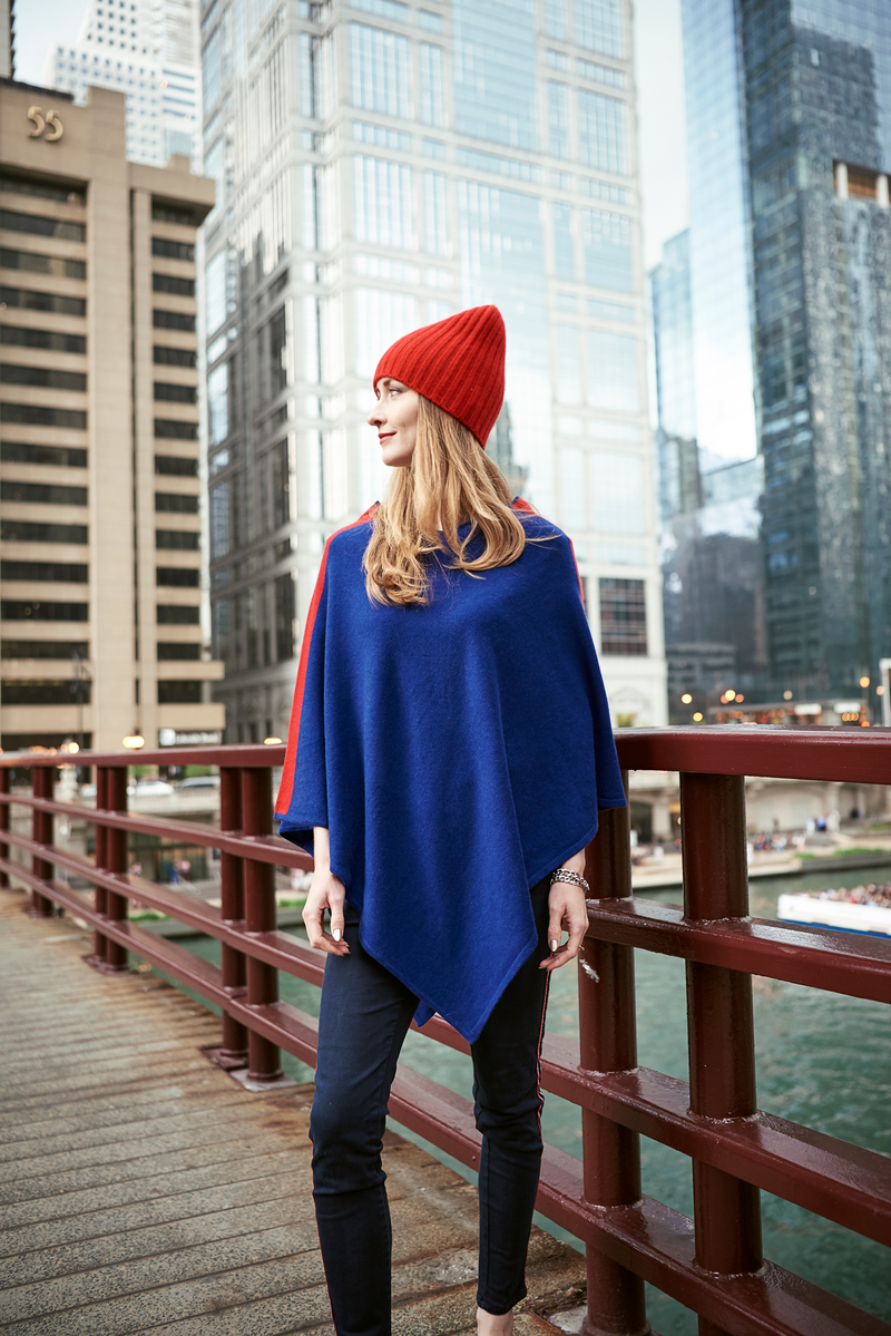Blue with Red Stripe Cashmere Pancho, Poncho - Loveknitz