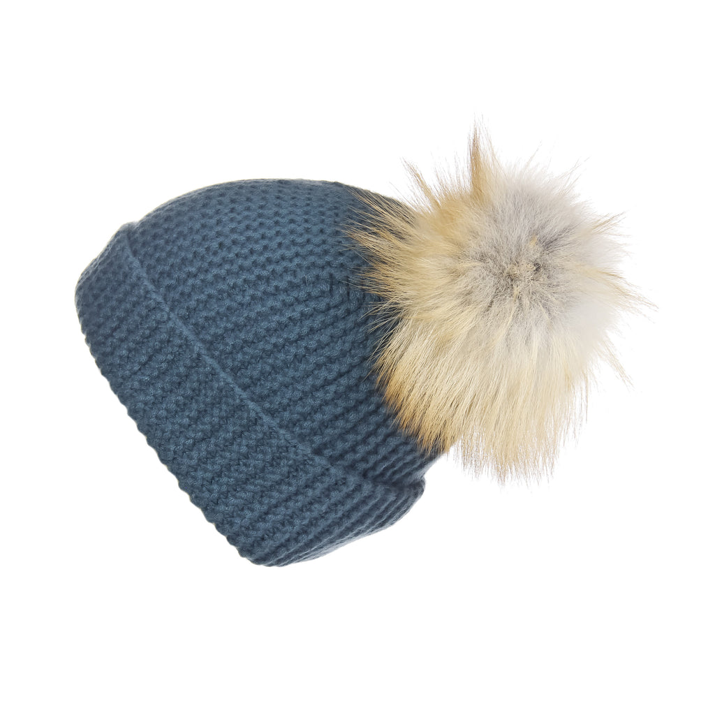 Pearl Stitched Silver Pine Cashmere Hat with Light Caramel Pom, Hat with Pom - Loveknitz