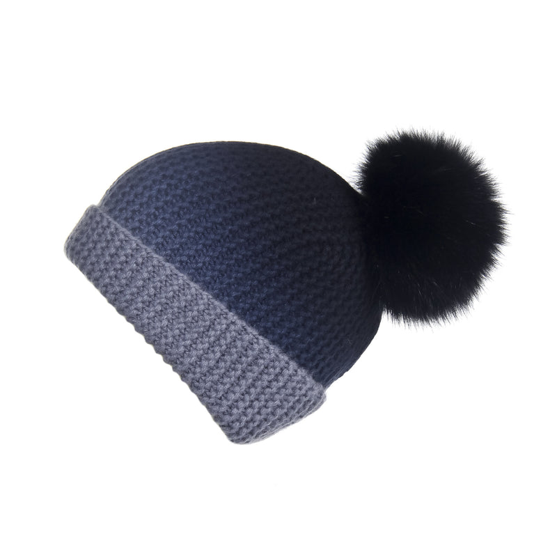 Pearl Stitched Black Ombré Cashmere Hat with Black Pom-Pom, Hat with Pom - Loveknitz