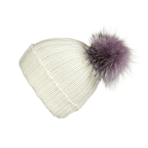 Pearl Stitched Light Grey Cashmere Hat with Lilac Pom-Pom