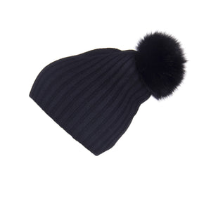 Ribbed Black Cashmere Hat with Black Pom-Pom, Hat with Pom - Loveknitz