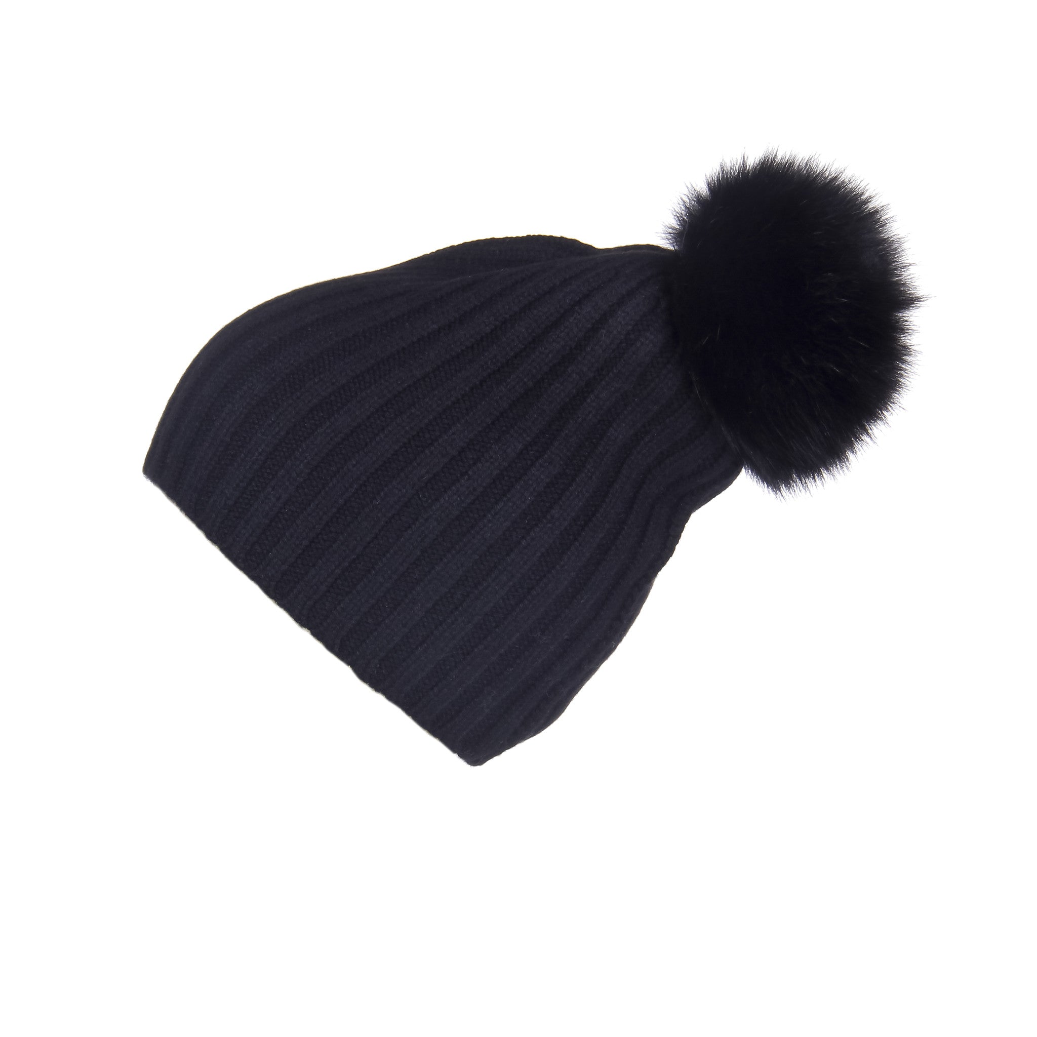 Ribbed Black Cashmere Hat with Black Pom-Pom – Loveknitz display picture 1