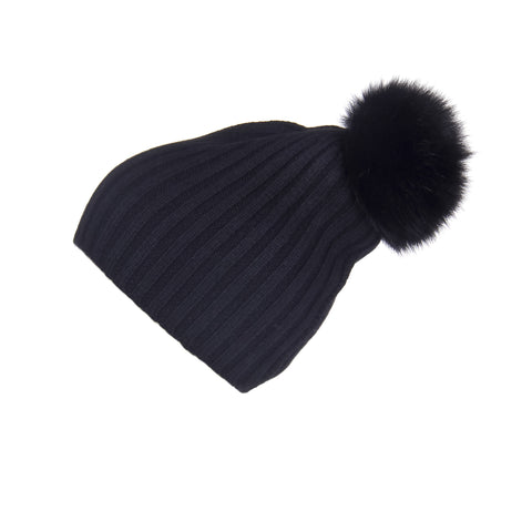 Fold-Over Grey Cashmere Hat with Light Caramel Pom-Pom