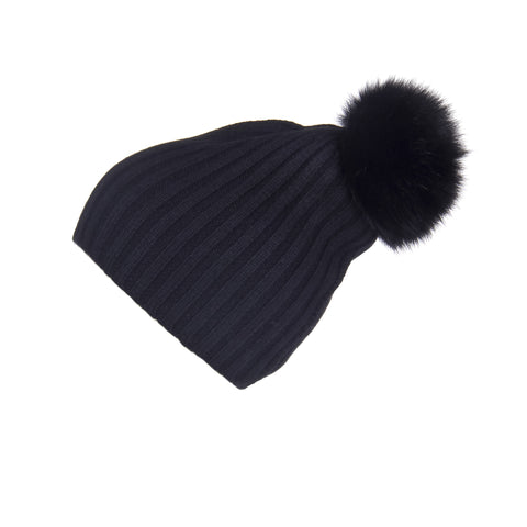 Ribbed Black Cashmere Hat with Rainbow Pom-Pom