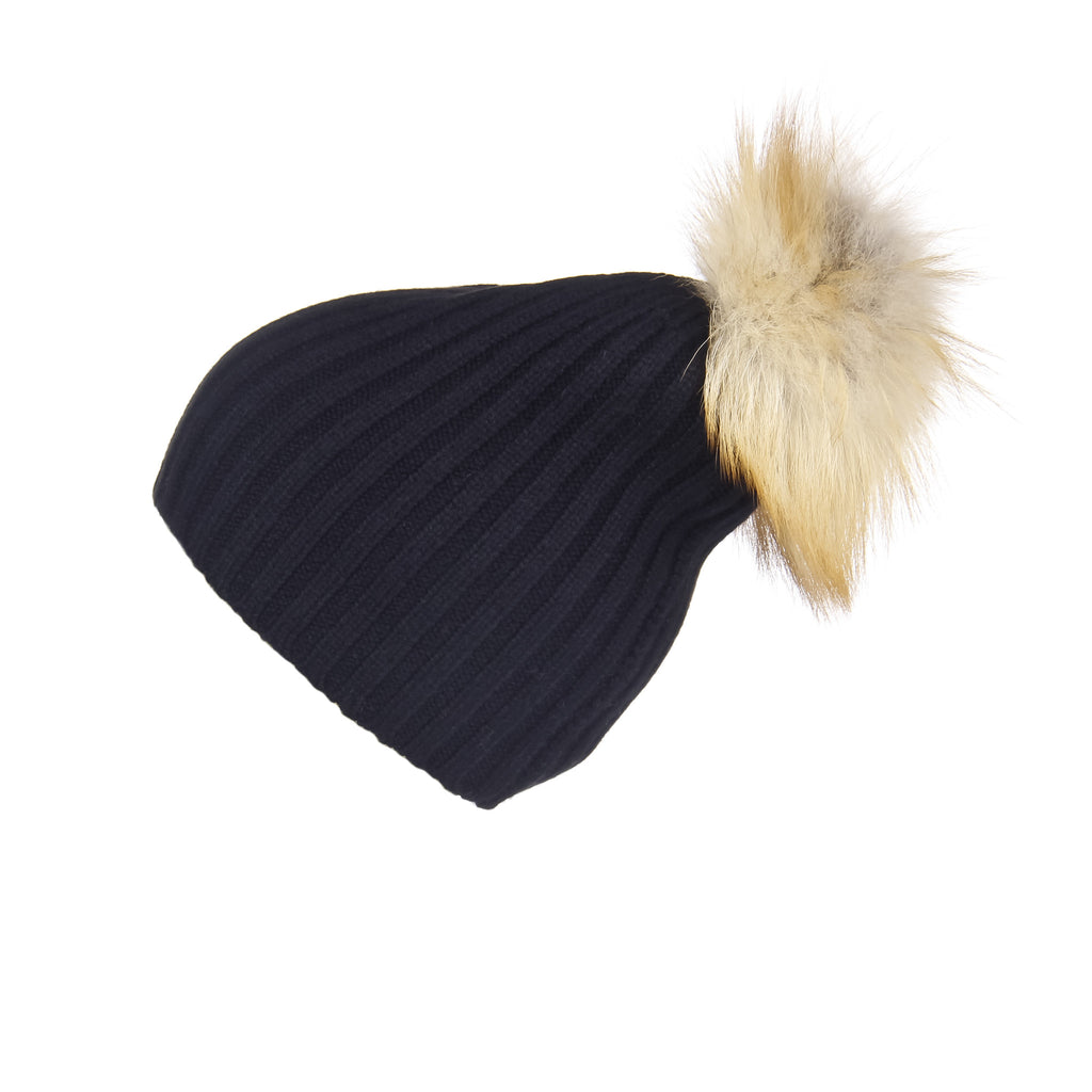 Ribbed Black Cashmere Hat with Light Caramel Pom-Pom, Hat with Pom - Loveknitz