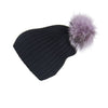 Ribbed Grey Cashmere Hat with Light Caramel Pom-Pom