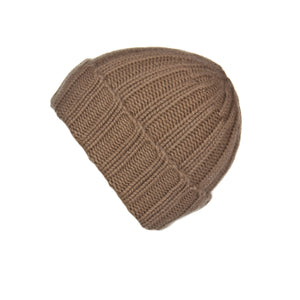 Fold-Over Ribbed Caramel Cashmere Hat, Hat - Loveknitz