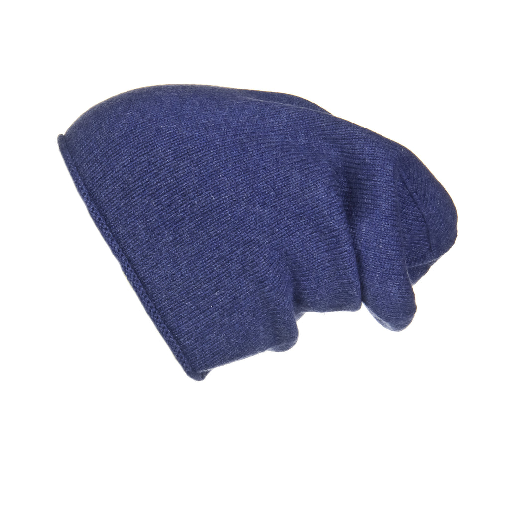 Jersey Roll Slouchy Dark Blue Melange Cashmere Hat, Hat - Loveknitz