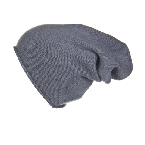 Fold-Over Ribbed Grey Cashmere Hat