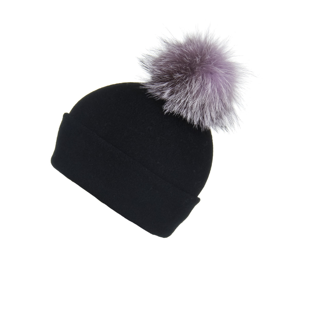 Reversible Slouchy Black Cashmere Hat with Lilac Pom-Pom, Hat with Pom - Loveknitz