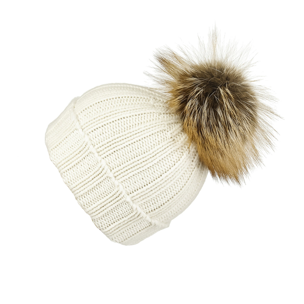 Fold-Over Ivory Cashmere Hat with Light Caramel Pom-Pom, Hat with Pom - Loveknitz